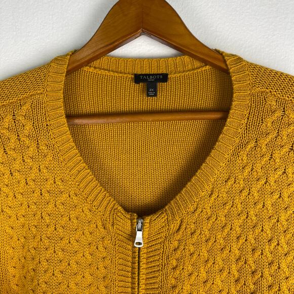 Talbots Wool Cashmere Mustard Yellow Full Zip Cable Knit Cardigan Women's 2X - Picture 3 of 9